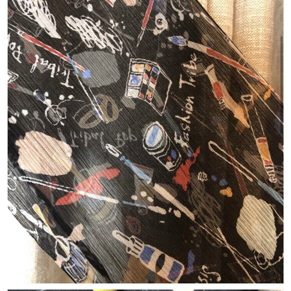 Sisley Black Print Artsy Paint 100% Silk Top Blouse Shirt, Sheer Sleeves, Med - Picture 4 of 6